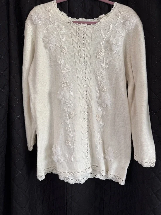 Vintage 80s/90s Koret Ivory Sweater 3D Floral Pearl Bead Embroidery Sz M - Picture 1 of 12